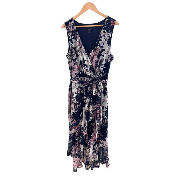 Connected Navy Blue Floral Print Mesh High-Low‎ Ruffled Midi Dress w/Tie Size 16 - Picture 4 of 7